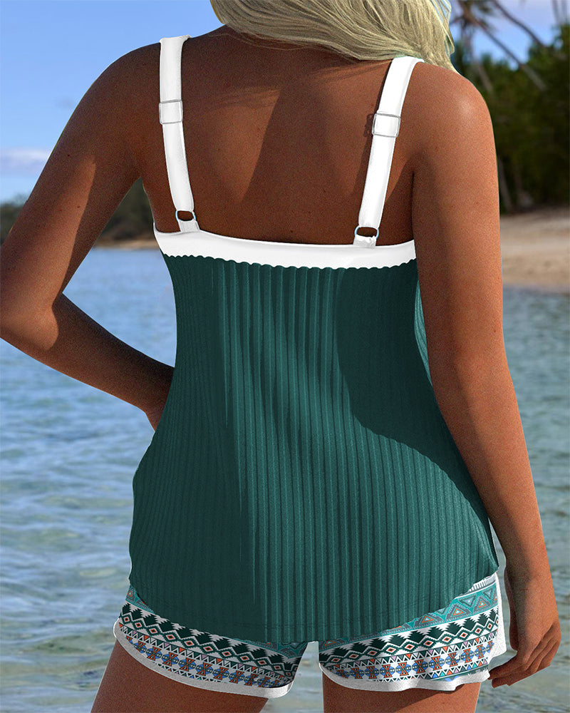 Tankini Prążkowane Szorty Plażowe Nadruk Bokserki