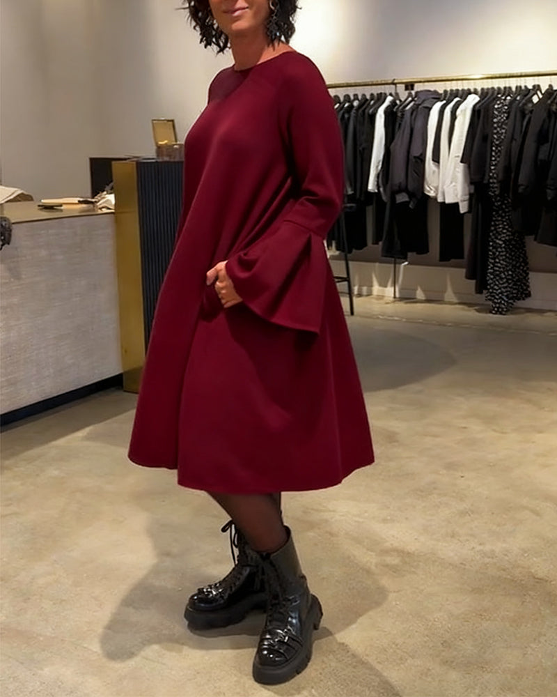 Sukienka Jednokolorowy Rozkloszowany Rękaw Marszczony