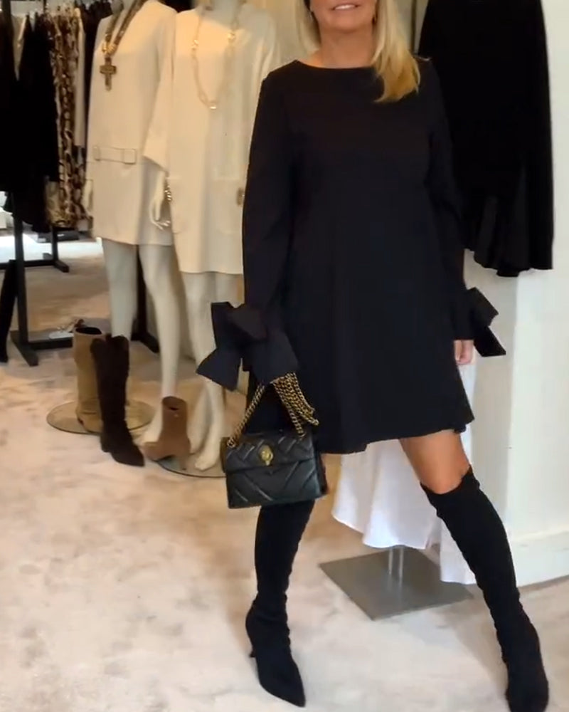 Sukienka Modna Okrągły Dekolt Kokarda Rękaw