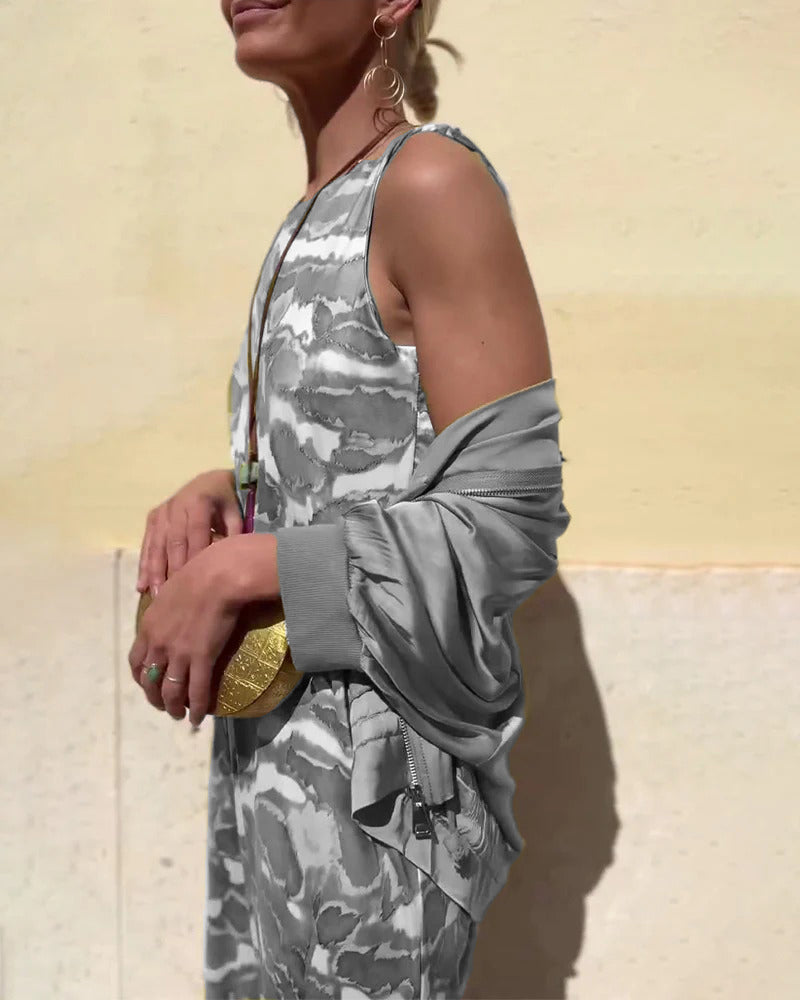 Komplet Bez Rękawów Drukowana Sukienka I Płaszcz