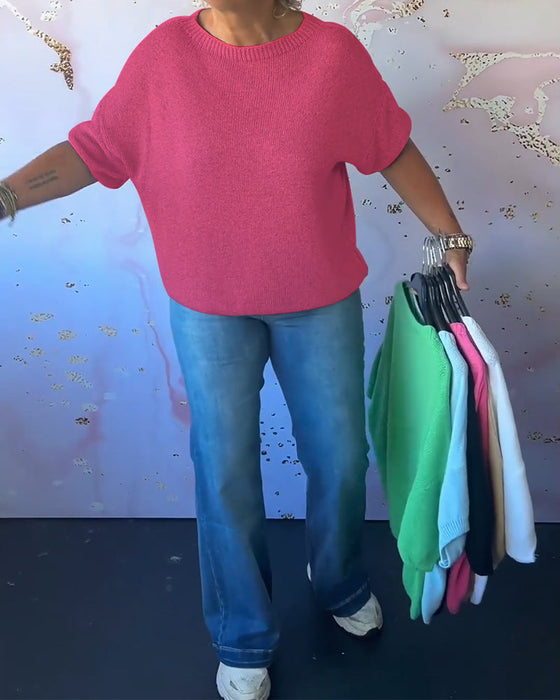 Luźny jednokolorowy swobodny sweter z okrągłym dekoltem