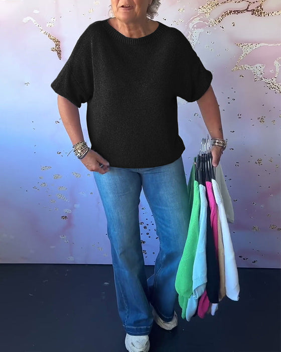 Luźny jednokolorowy swobodny sweter z okrągłym dekoltem