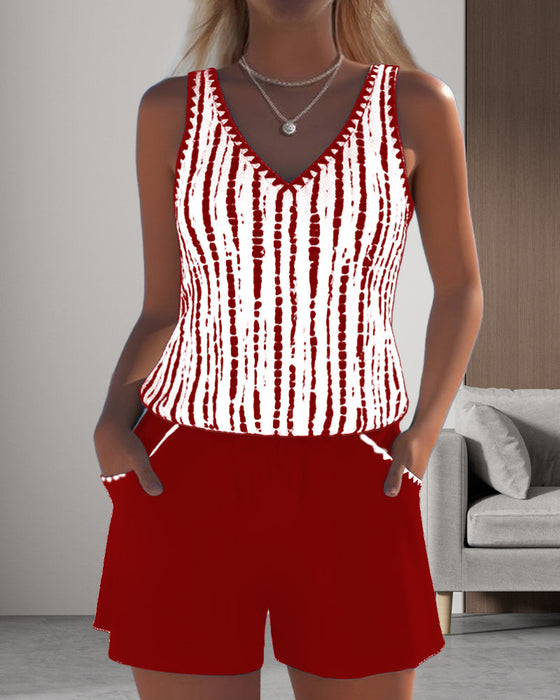 Strój kąpielowy casualowy z kieszeniami i dekoltem w serek, dwuczęściowy, z nadrukiem