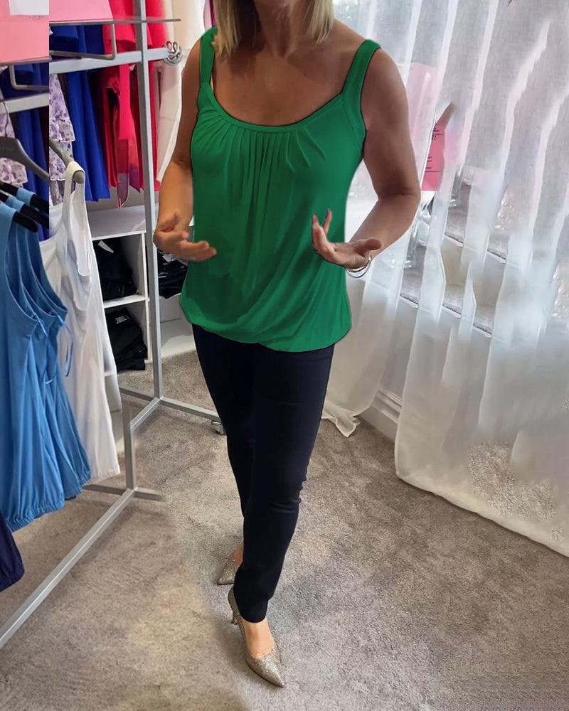 Plisowany solidny swobodny top bez rękawów