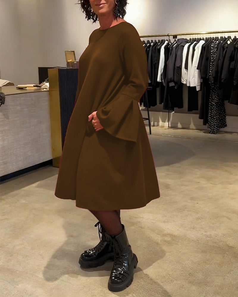 Sukienka Jednokolorowy Rozkloszowany Rękaw Marszczony