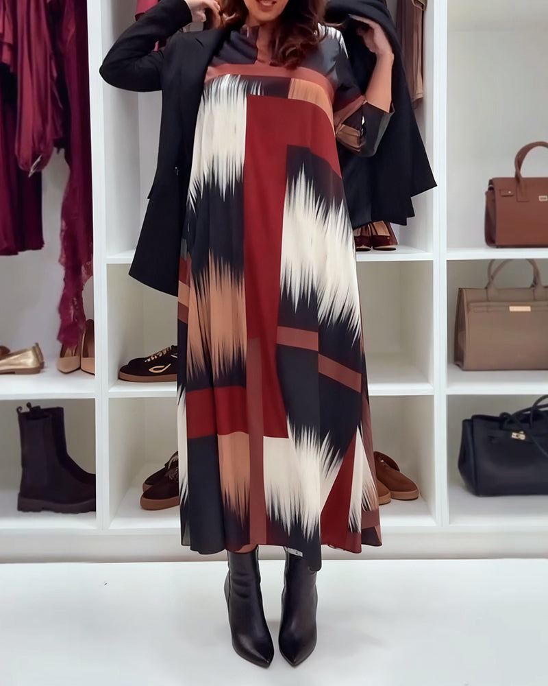 Modna Drukowana Sukienka Z Okrągłym Dekoltem I Długimi Rękawami