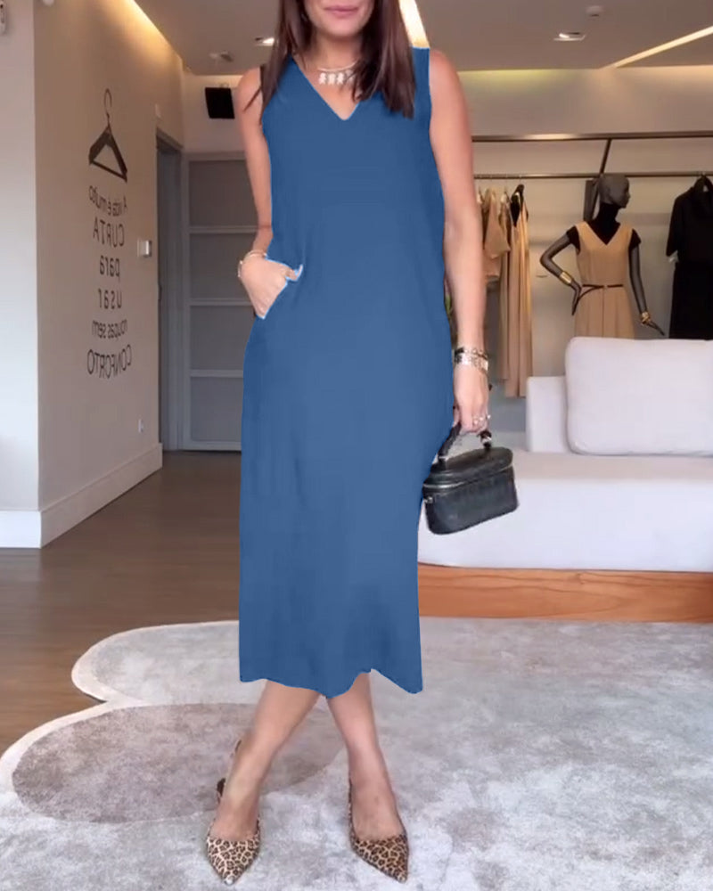 Sukienka casualowa z dekoltem w serek, bez rękawów, jednokolorowa, z rozcięciem