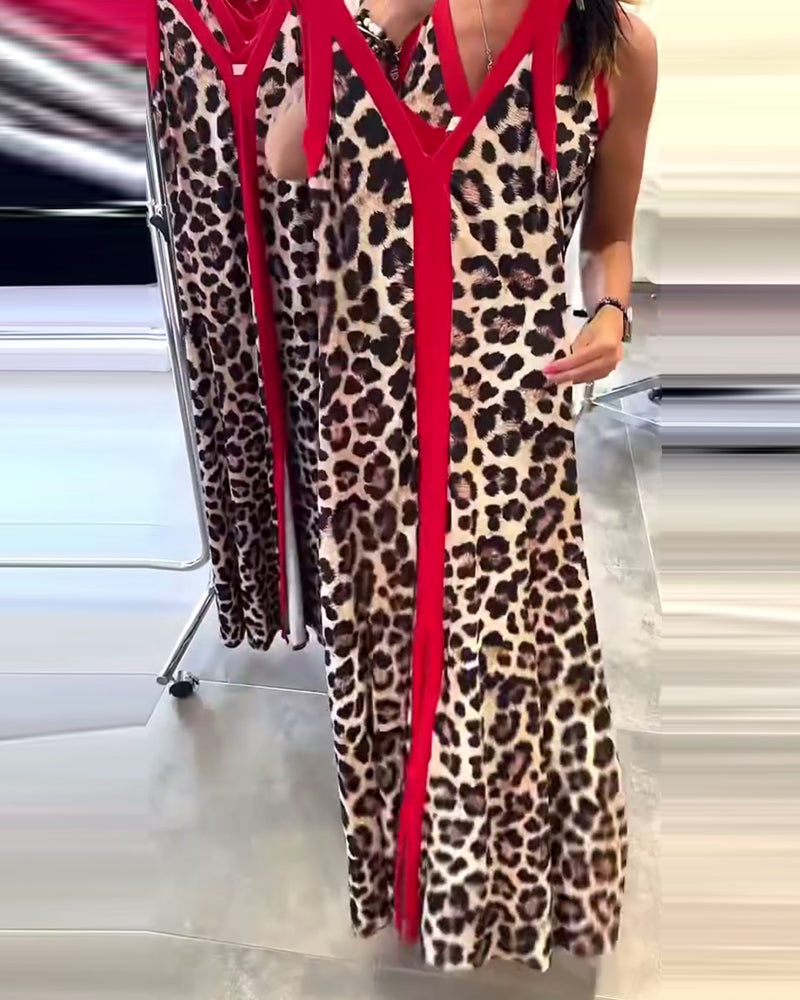 Sukienka Bez Rękawów Elegancka W Panterkę Kontrastowa