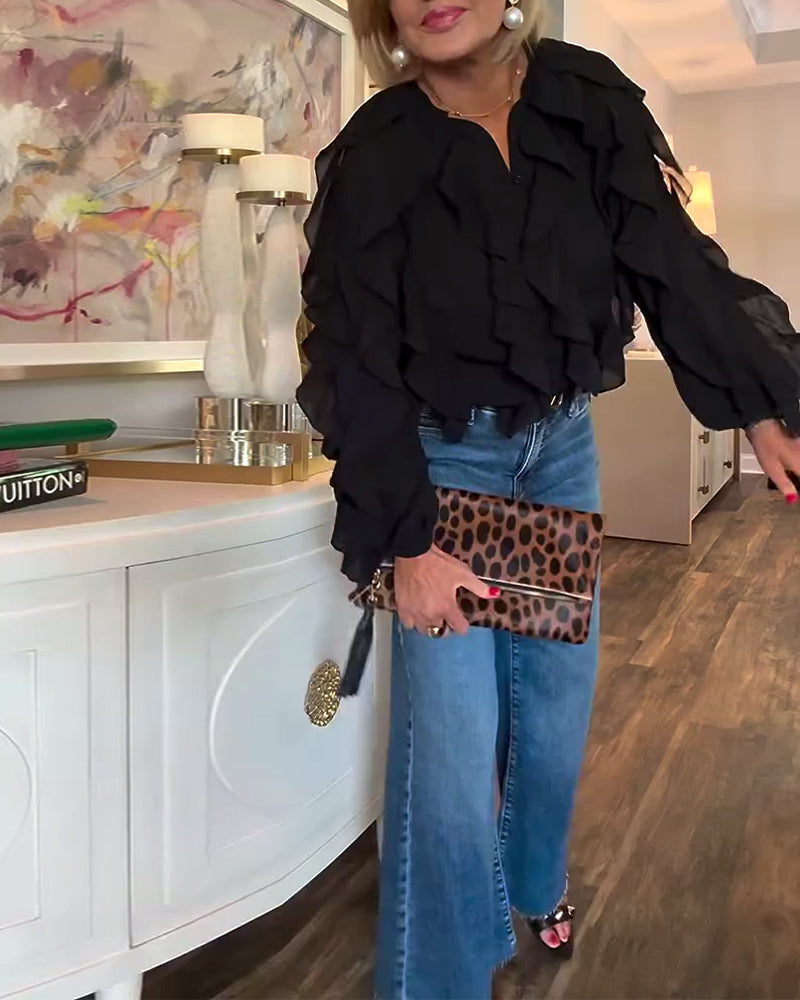 Falbaniasta, Zwiewna Koszula W Jednolitym Kolorze