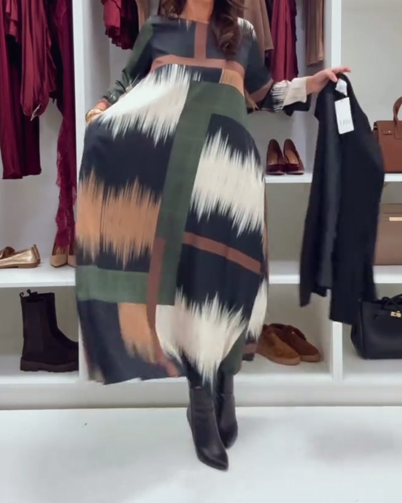 Modna Drukowana Sukienka Z Okrągłym Dekoltem I Długimi Rękawami