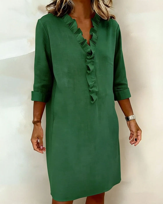 Sukienka Plisowany Dekolt W Serek Jednokolorowa