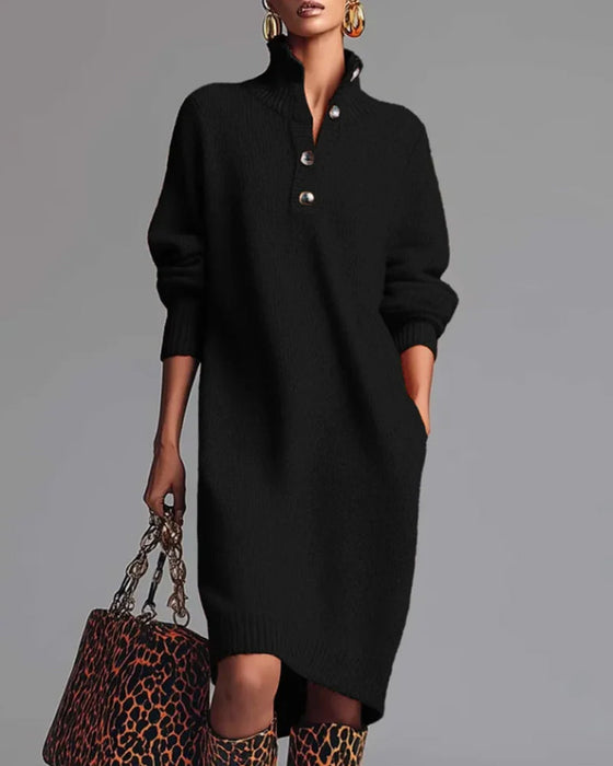 Jednokolorowa Sukienka Z Guzikami I Wysoką Szyją