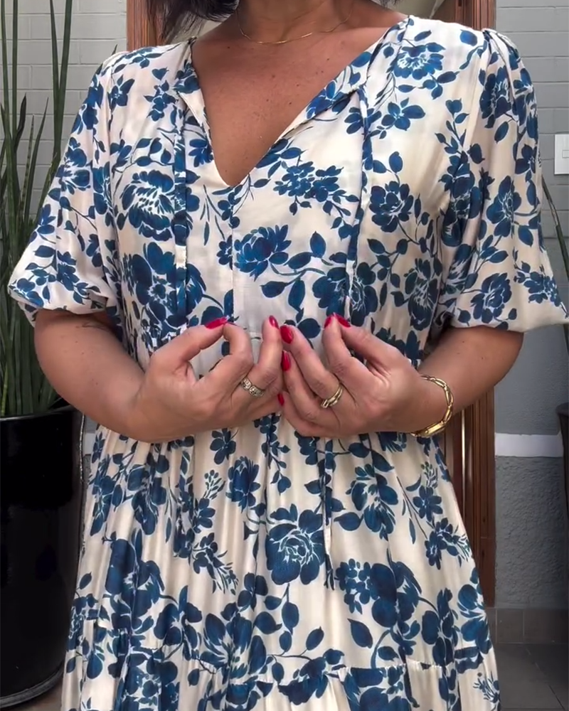 Sukienka Krótki Rękaw Kwiatowy Nadruk