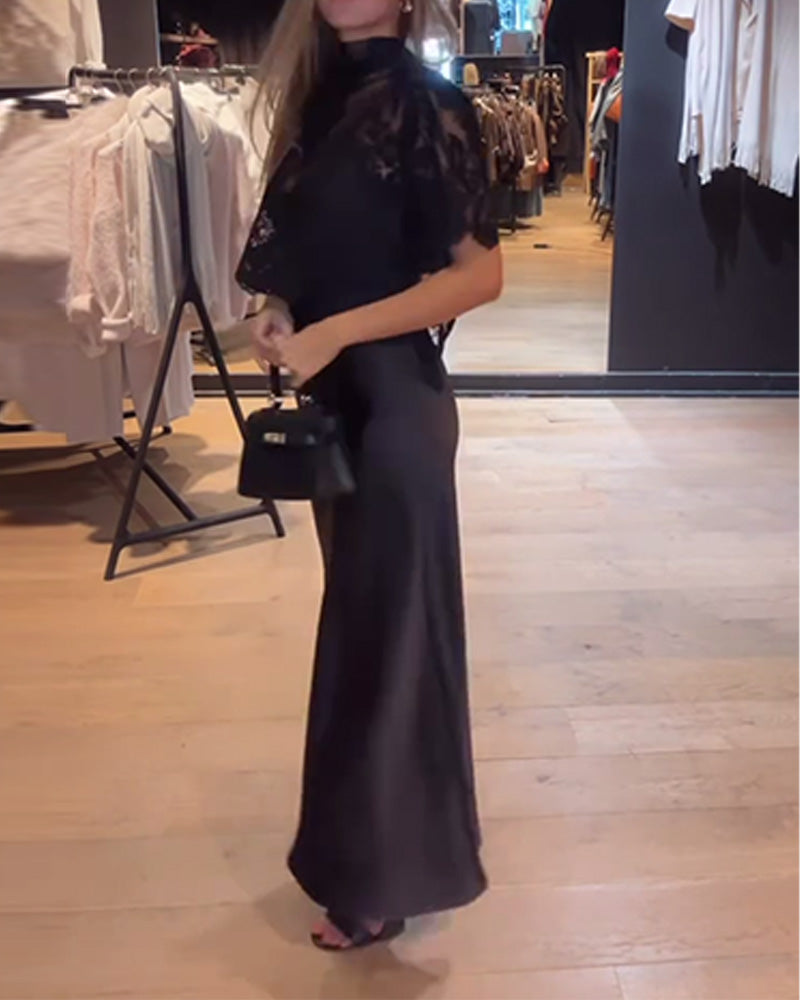 Zestaw Koronkowa I Siateczkowa Bluzka Z Drapowaną Halką Sukienką