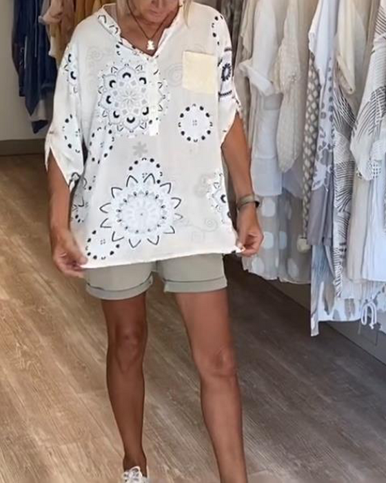 Bluzka Uniwersalna Dekolt W S Nadruk Połdługie Rękawy