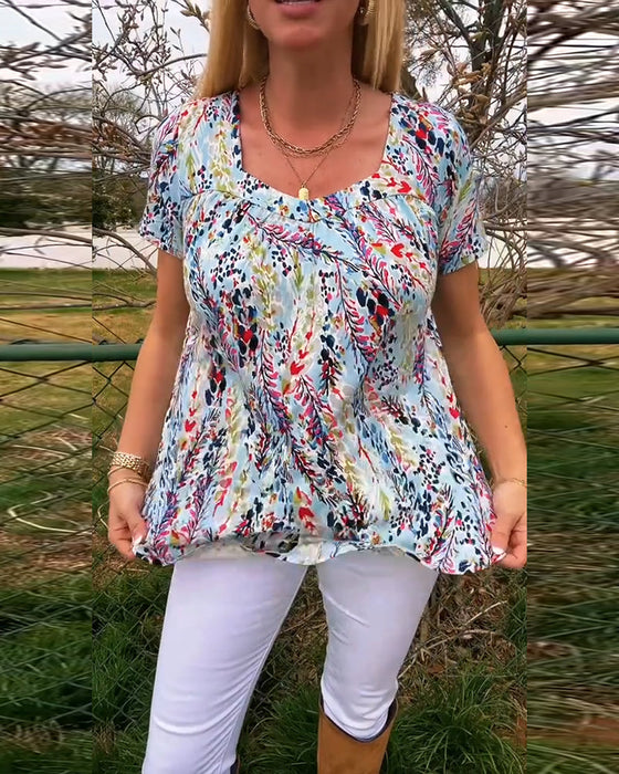 T-Shirt Z Dekoltem W U Krótkim Rękawem Wzorzysta