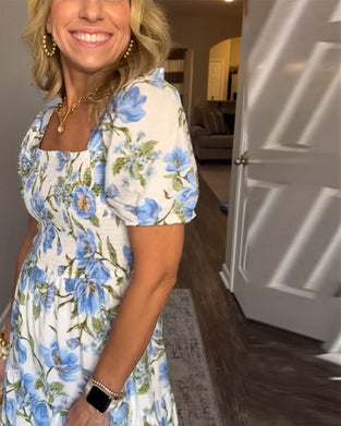 Sukienka Kwadratowy Dekolt Plisowany Kwiatowy A-Linii