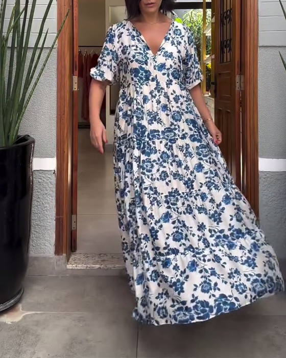 Sukienka Krótki Rękaw Kwiatowy Nadruk