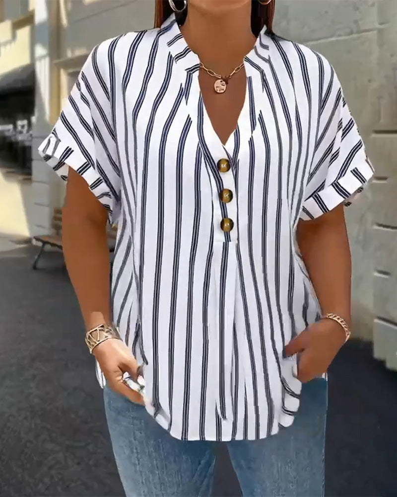 Bluzka Zapinana na Guziki V-dekolt W Paski