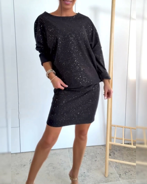 Sukienka Okrągły Dekolt Drobny Brokat Modna