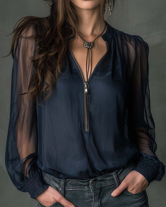 Bluzka Połowa-zamka Siatka Długi-rękaw