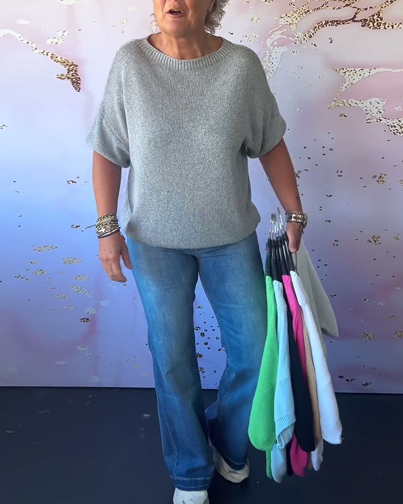 Luźny jednokolorowy swobodny sweter z okrągłym dekoltem