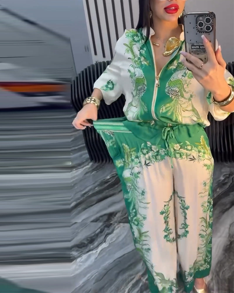 Garnitur o Szerokich Nogawkach Temperament Stójka Zamek Błyskawiczny