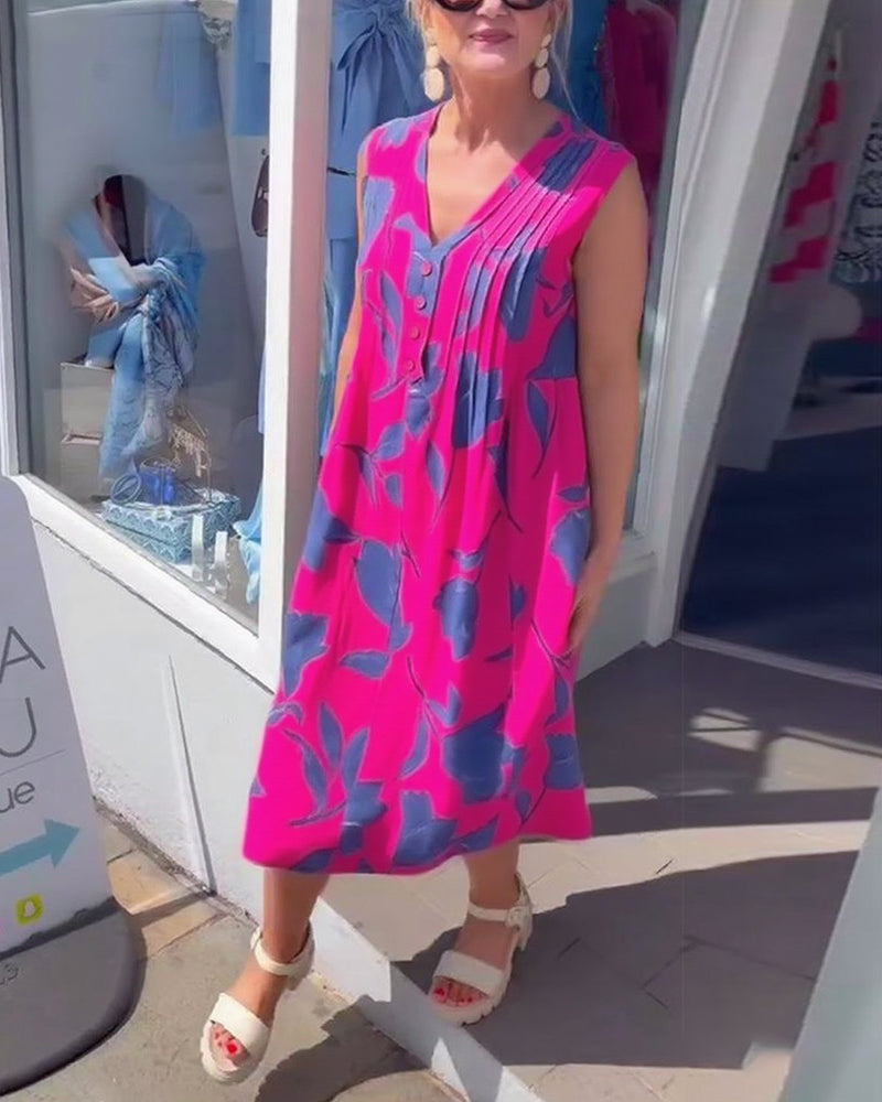 Sukienka Dekolt W Serek Bez Rękawów Drukowana