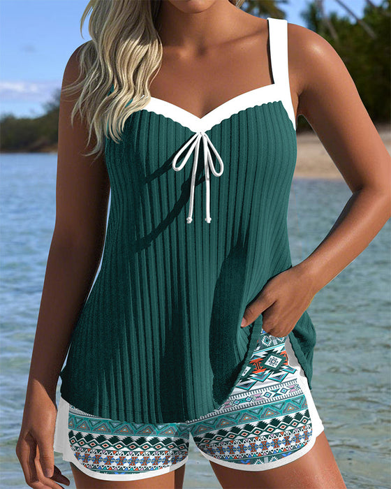 Tankini Prążkowane Szorty Plażowe Nadruk Bokserki