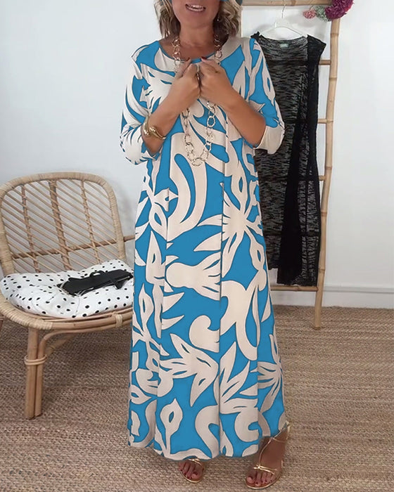 Sukienka Z Okrągłym Dekoltem I Długimi Rękawami Z Wzorem