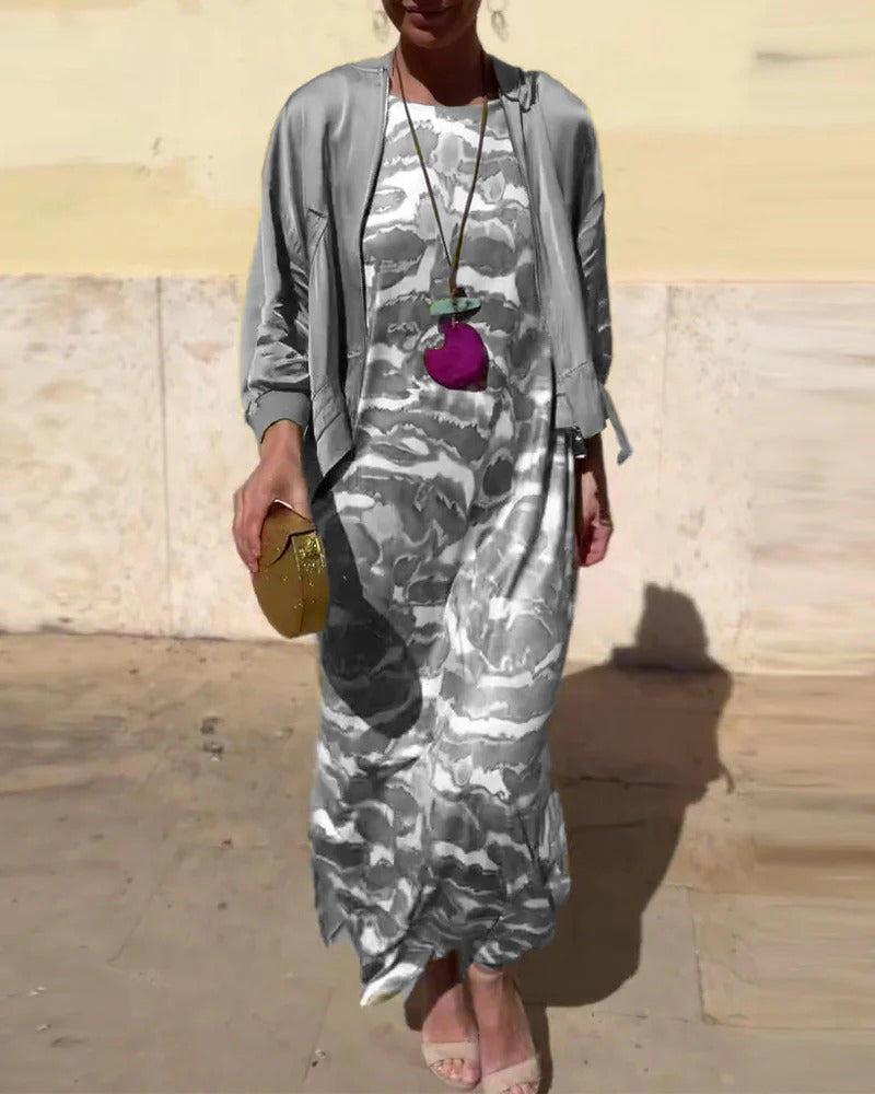 Komplet Bez Rękawów Drukowana Sukienka I Płaszcz