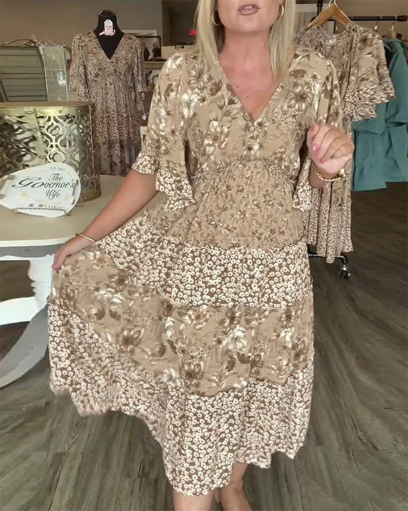 Sukienka Dekolt W Serek Rękaw Lotosowy Kwiatowy