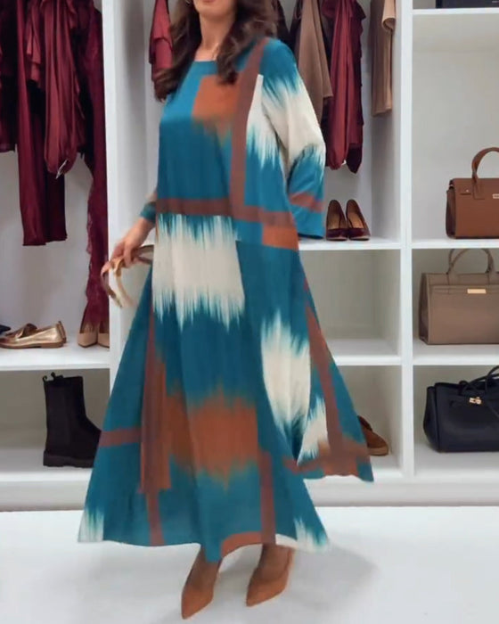 Modna Drukowana Sukienka Z Okrągłym Dekoltem I Długimi Rękawami