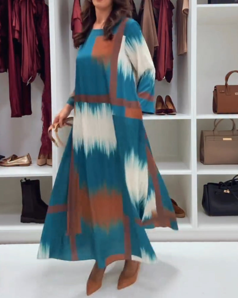 Modna Drukowana Sukienka Z Okrągłym Dekoltem I Długimi Rękawami