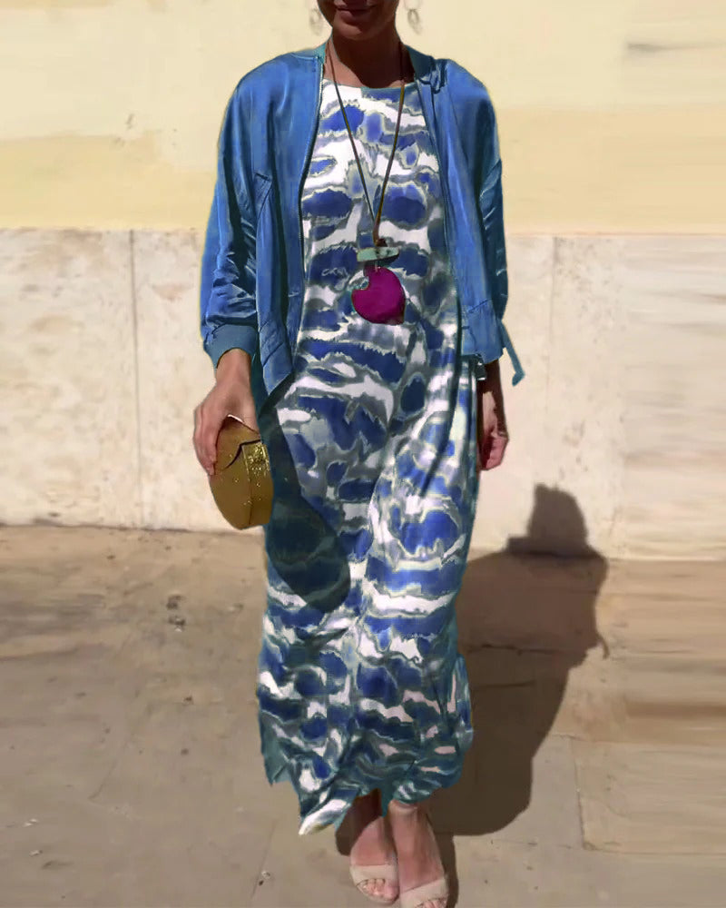 Komplet Bez Rękawów Drukowana Sukienka I Płaszcz