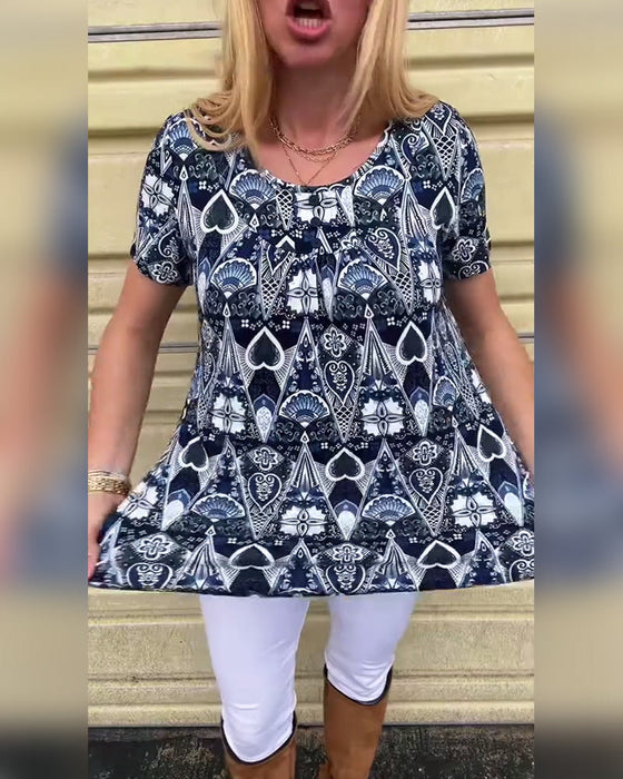 Koszulka casual retro okrągły dekolt nadruk