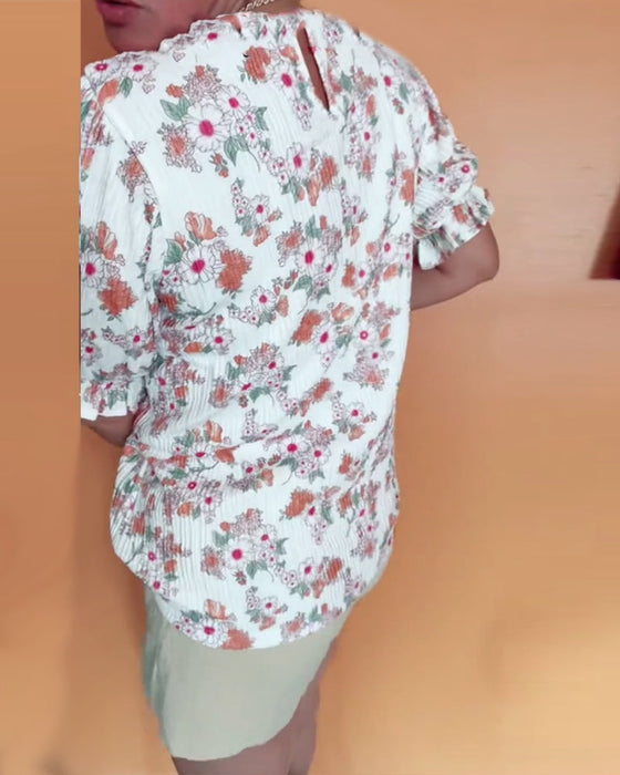 Bluzka Okrągły Dekor Kwiatowy Krótki Rękaw
