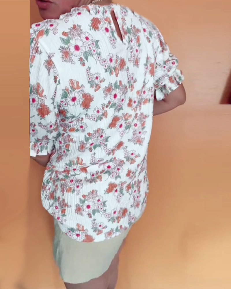 Bluzka Okrągły Dekor Kwiatowy Krótki Rękaw