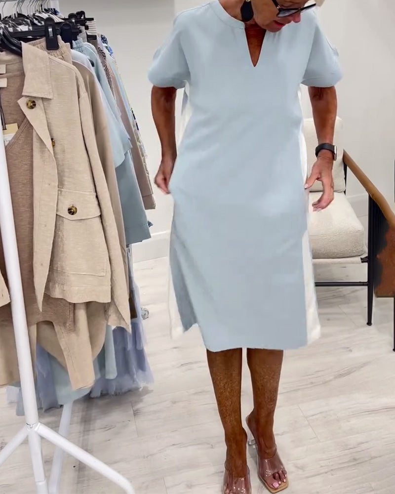 Sukienka Z Krótkim Rękawem Kontrastowy Kolor Prosta