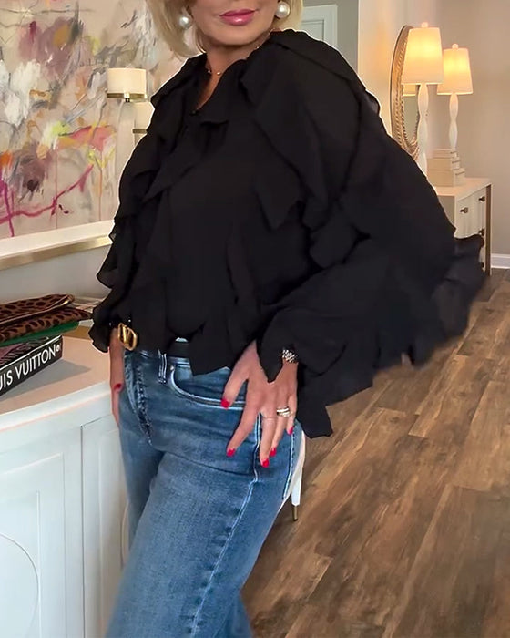 Falbaniasta, Zwiewna Koszula W Jednolitym Kolorze