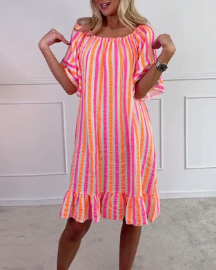 Sukienka Okrągły Dekolt W Paski Plisowana Prosty Krój