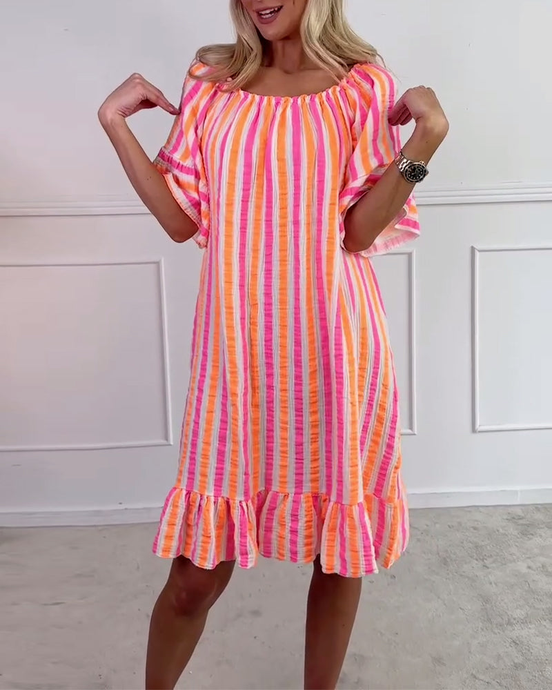 Sukienka Okrągły Dekolt W Paski Plisowana Prosty Krój