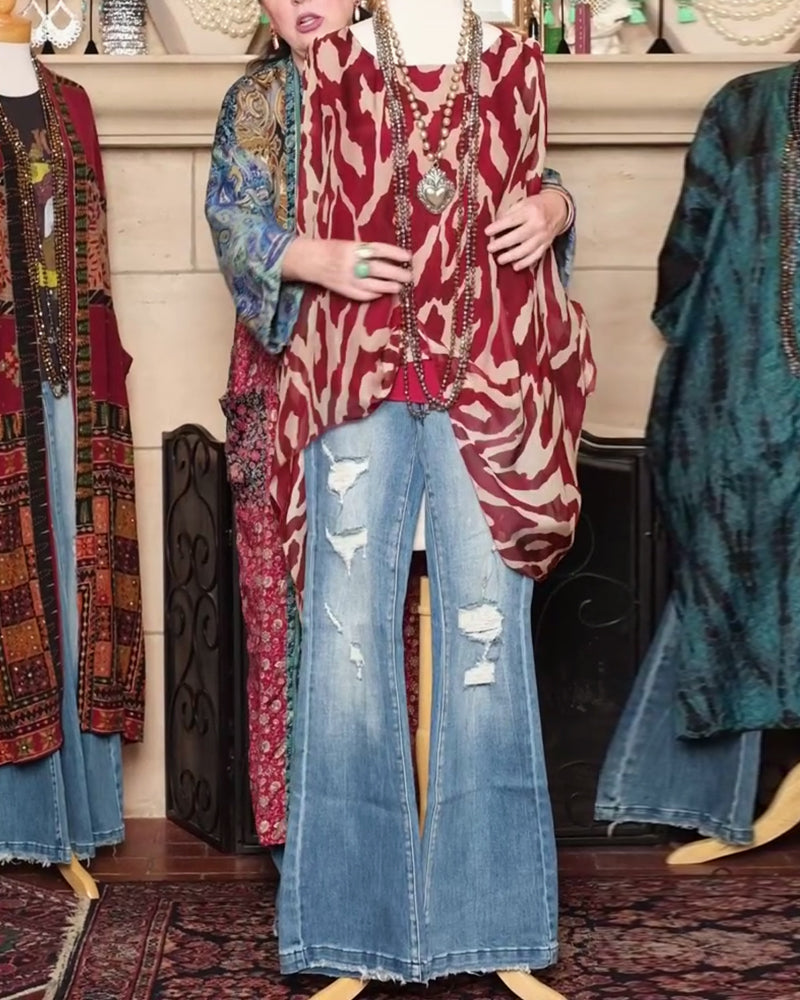 Bluzka Nietoperzowy Rękaw Nadruk Długi Rękaw