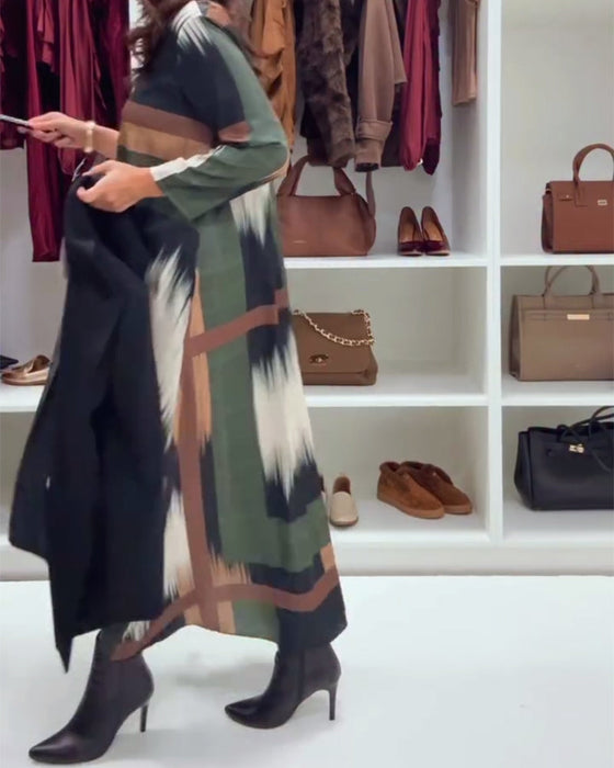 Modna Drukowana Sukienka Z Okrągłym Dekoltem I Długimi Rękawami