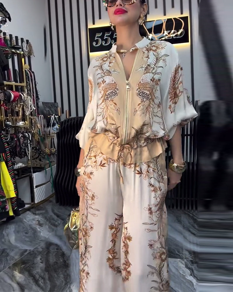 Garnitur o Szerokich Nogawkach Temperament Stójka Zamek Błyskawiczny