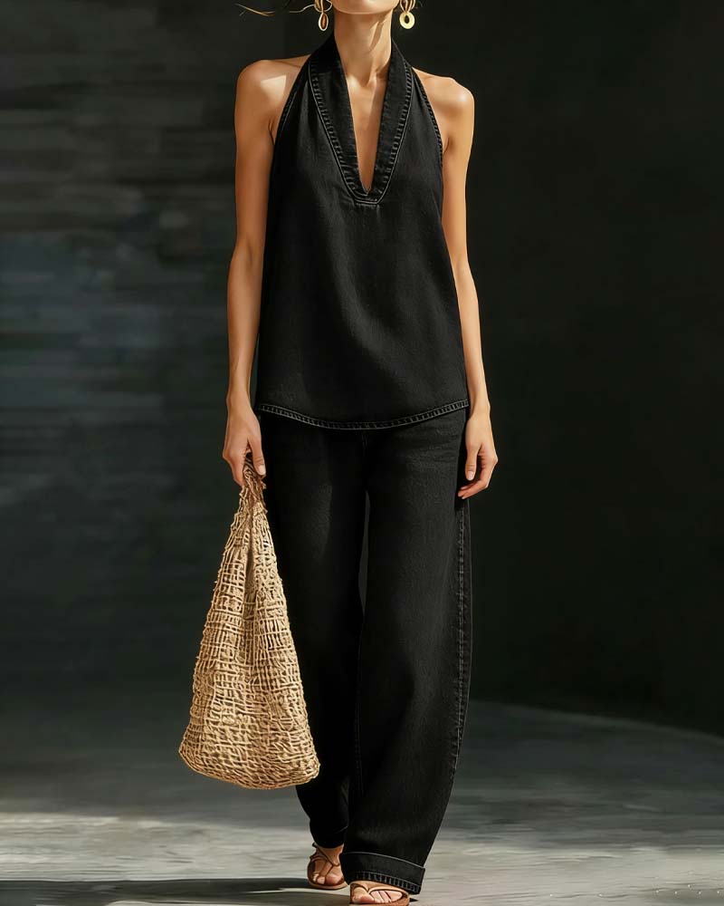 Set Moda Halter Szyja Denim