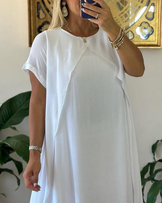 Sukienka Fałszywa Dwuczęściowa Podwójna Warstwowa Luźna Krótkim Rękawem