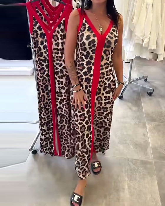 Sukienka Bez Rękawów Elegancka W Panterkę Kontrastowa