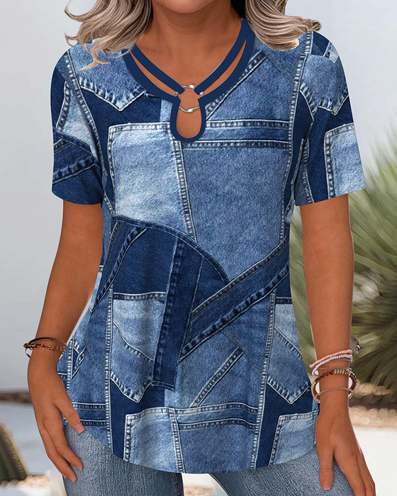 Bluzka Vintage Denim Kontrastowa Wycięcie