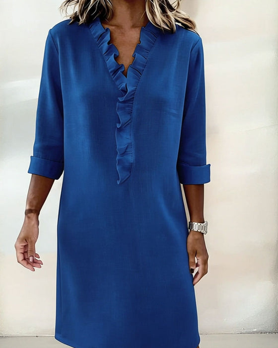 Sukienka Plisowany Dekolt W Serek Jednokolorowa